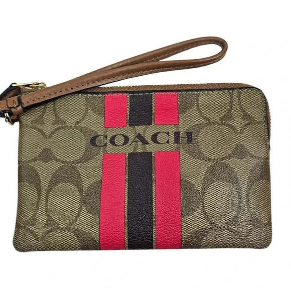 Coach Varsity Large Wristlet Khaki Pink Ruby‎ Stripe Signature C Canvas - Picture 1 of 5